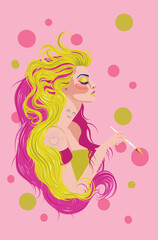 Wall Mural - Girl with pink and yellow hair holding paintbrush