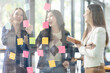 © David - Young creative business Asian woman standing with her colleagues writing new ideas on sticky notes over glass wall, business marketing strategy or User experience ux ui concept.