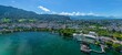 Bregenz am Bodensee, Ausblick auf die Festspielstadt in Vorarlberg im Sommer aus der Luft