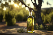 Olive Oil Glass Bottle With Fresh Raw Olives On Wood Table And Tree Background, Ai Generative Illustration.