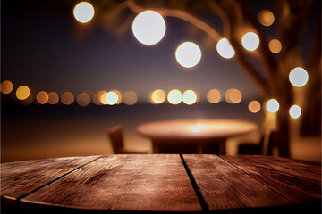 Beachside cafe, beach travel resort image of table and chairs with a bokeh background, tabletop display, sunset fun evening - Generative AI