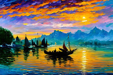 Illustration Of Seascape With Several Boats