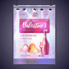 Wall Mural - Happy Valentines Day party poster with 3D chromic love hearts, champagne bottle and glass. Disco ball background. Vector illustration