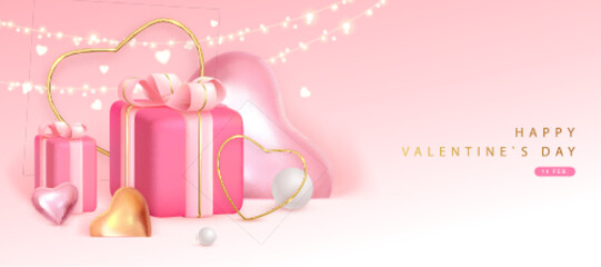 Wall Mural - Happy Valentines Day poster with 3D pink and gold love hearts and gift box. Valentine holiday background. Vector illustration