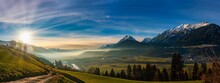 Schwaz, Österreich, Tirol, Panorama, Alpen, Berge, Sonnenuntergang, Nebel