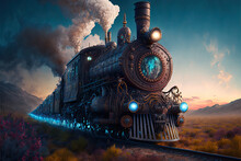 Steampunk Train In A Fantasy Landscape, Generative AI