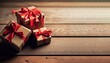 A Stack of Gifts Wrapped in Red Ribbon on a Wooden Table - Holiday Season and Celebrating on top of wooden table
