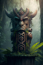 Wooden Totem Statue In The Middle Of The Jungle. Tribe Totem Statue With Engraved Faces And Patterns. 3D Look Totem. Art Game Asset. Concept Art For Game. Clan Statue.