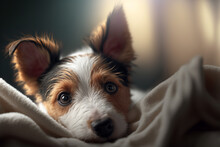 Cute Fox Terrier Puppy Resting On Comfy Blanket Created With Generative AI