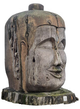 Isolated PNG Cutout Of A Wooden Sculpted Head Of Buddha On A Transparent Background, Ideal For Photobashing, Matte-painting, Concept Art
