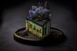 A cheesecake, with a unique and creative flavor of matcha and lavender, photographed in a dark and moody setting, to evoke a sense of elegance and luxury