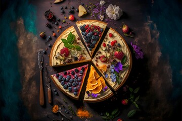 Canvas Print - Cheesecake with a variety of toppings - blueberry, strawberry, cranberry, fruits, flowers, petals.