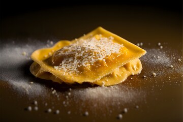 Wall Mural - A close-up of a single ravioli, with a hint of sauce and a sprinkle of Parmesan, for a mouth-watering effect