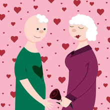 An elderly couple in love. A grandmother with a flower in her hand and a stylish grandfather on aviva magenta background with a pattern of hearts. Valentine's Day greeting card. Valentine concept. 