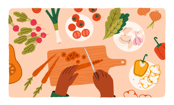 Cook process, top view. Hands cooking from fresh ingredients, healthy vegetables, cutting carrot at board, making salad, vitamin vegetarian eating from tomato, lettuce. Flat vector illustration
