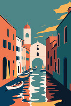 Flat Vector Gondola Venice Grand Canal Italy City Attraction Background