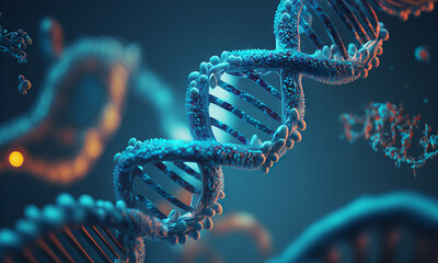 Aufkleber - Concept of the evolution of human DNA in the distant future. View under the microscope. Blue helix background close-up. Generative ai