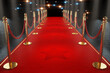 Red carpet for the stars, with gold stands and paparazzi flashes. Pop star concept, reception, ceremony, show, VIP. Copy space, 3D rendering, 3D illustration.