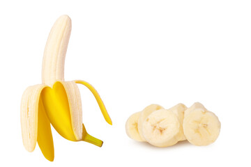 Wall Mural - A set of bananas, whole, peeled, chopped. Isolated on white background.