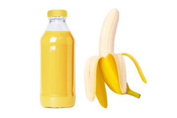 Wall Mural - Bottle of fresh banana juice, nectar. Banana peeled in flight. Isolated on white background.