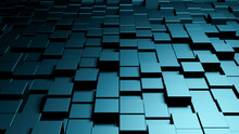 Shifted Blue Metallic Floor Tiles Or Square Cubes Abstract Dark 3D Background, Interior Pattern Wallpaper
