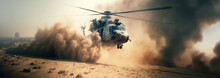 Generic Military Chopper Crosses Fire And Smoke In The Desert During An Extraction Mission, Wide Poster Design With Copy Space Area
