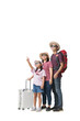 © kromkrathog - Family Travel Concept, Full body Happy asian family vacation, Father, mother and little daughter carrying  suitcases with hand pointing ready for vacation trip, isolated background
