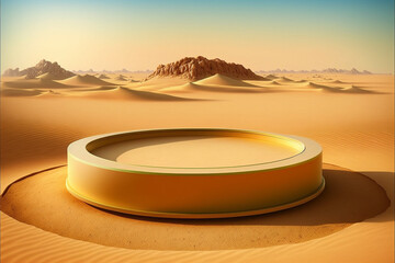 Abstract desert background with mirror podium backdrop. 3d render. Created with Generative AI technology.