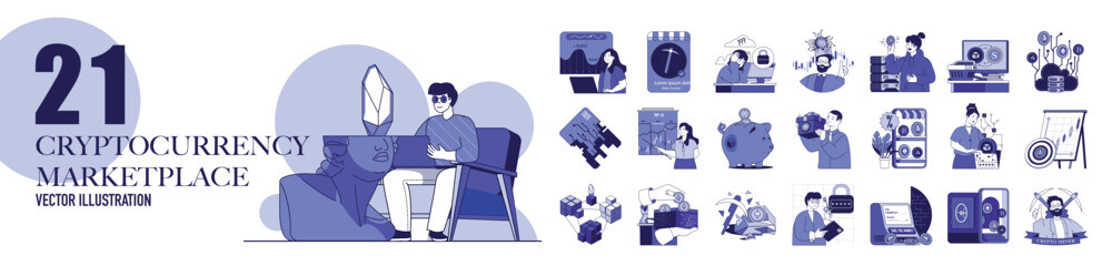 Poster - Cryptocurrency marketplace concept with character situations collection. Bundle of scenes people of crypto analysis and trading at exchange and buying NFT art. Vector illustrations in flat web design