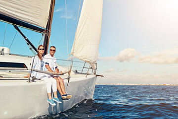 Wall Mural - Vacation, ocean and portrait of a couple on a yacht for adventure, freedom and sailing trip. Travel, summer and mature man and woman on a boat in the sea for a romantic seaside holiday in Greece.