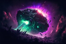 Gigantic Space Dreadnought Scorching The Surface Of A Planet In An Epic Space Battle In Front Of A Giant Planet In A Green And Purple Starcloud
