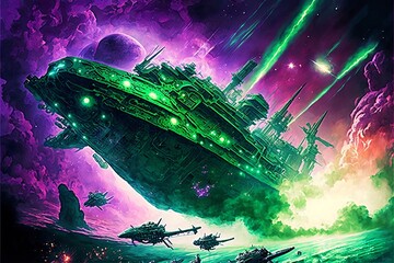 Wall Mural - Gigantic navy ship-like space dreadnought in an epic space battle in front of a giant planet in a green and purple starcloud
