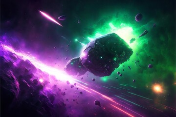 gigantic asteroid rocks colliding in an epic space battle in front of a giant planet in a green and 