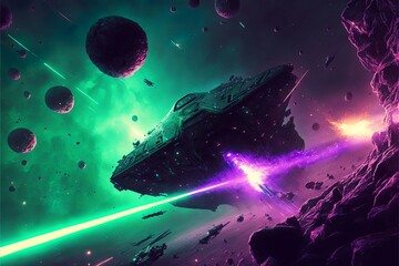 Wall Mural - Gigantic space dreadnought in a big asteroid field in an epic space battle in front of a giant planet in a green and purple starcloud