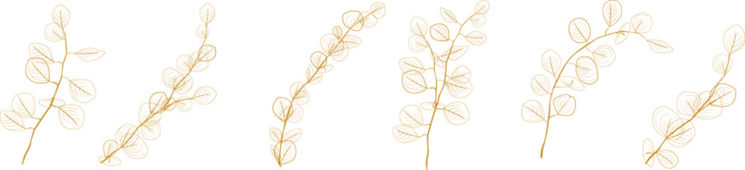 Sticker - Eucalyptus branches collection.Set of differents golden eucalyptus branches. Natural leaves and branches designer art tropical elements set. Hand drawn,one line eucalyptus leaves and branches.