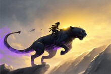 A Child Riding On The Back Of A Panther Runs In The Mountains Against The Yellow Beams In The Sky, Digital Art Style, Illustration Painting, Fantasy Concept Of A Child On His Pet