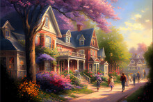 Spring Country Pastoral Illustration With Small Village Houses