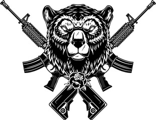 Sticker - Angry bear head with crossed assault rifles. Design element for poster, emblem, sign. Vector illustration