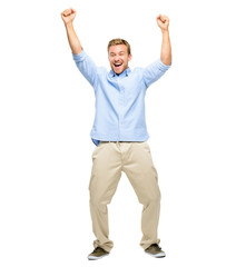 A handsome young man standing alone in the studio with his arms raised in celebration isolated on a PNG background.