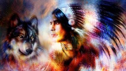Wall Mural - painting of a young indian warrior wearing a gorgeous feather headdress with wolf. Cosmic background. profile portrait.