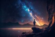 a child standing at cliff looking at beautiful starry sky at night, glitter glow galaxy sky at night time  Generative Ai