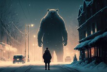 A Man Or A Woman Facing Giant Bear Monster With No Fear On Town Street, Anime Style Illustration, Generative Ai