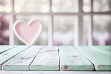 Wall Mural - valentines day themed background with empty pastel color wooden table for product display, bokeh lights, copy space, hearts in the background, generative ai
