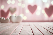 Valentines Day Themed Background With Empty Pastel Color Wooden Table For Product Display, Bokeh Lights, Copy Space, Hearts In The Background, Generative Ai
