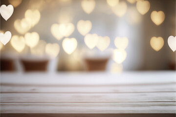 Wall Mural - valentines day themed background with empty pastel color wooden table for product display, bokeh lights, copy space, hearts in the background, generative ai
