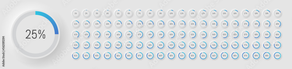 Round loading progress icons in neumorphism style. Percentage from 1 to ...