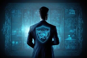 Wall Mural - internet network security technologies cybersecurity and privacy ideas for data protection Businessman using virtual screen interfaces to secure sensitive data on a galagraphic display. AI