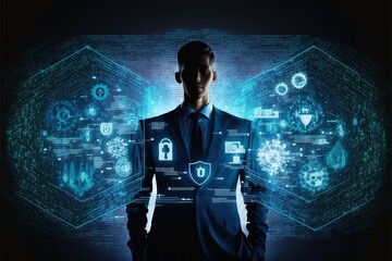 Wall Mural - internet network security technologies cybersecurity and privacy ideas for data protection Businessman using virtual screen interfaces to secure sensitive data on a galagraphic display. AI