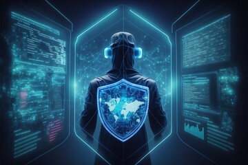 Wall Mural - internet network security technologies cybersecurity and privacy ideas for data protection Businessman using virtual screen interfaces to secure sensitive data on a galagraphic display. AI