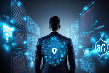 Wall Mural - internet network security technologies cybersecurity and privacy ideas for data protection Businessman using virtual screen interfaces to secure sensitive data on a galagraphic display. AI